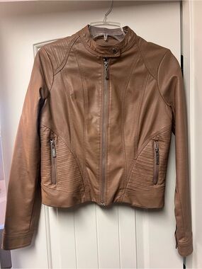 JouJou Women's Juniors  Brown Faux Leather Moto Jacket